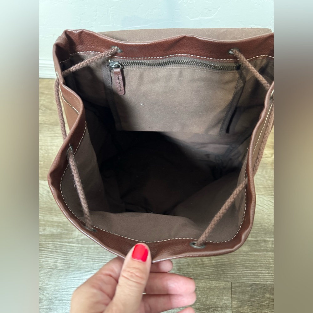 Brown Leather Drawstring Backpack In Euc - image 8
